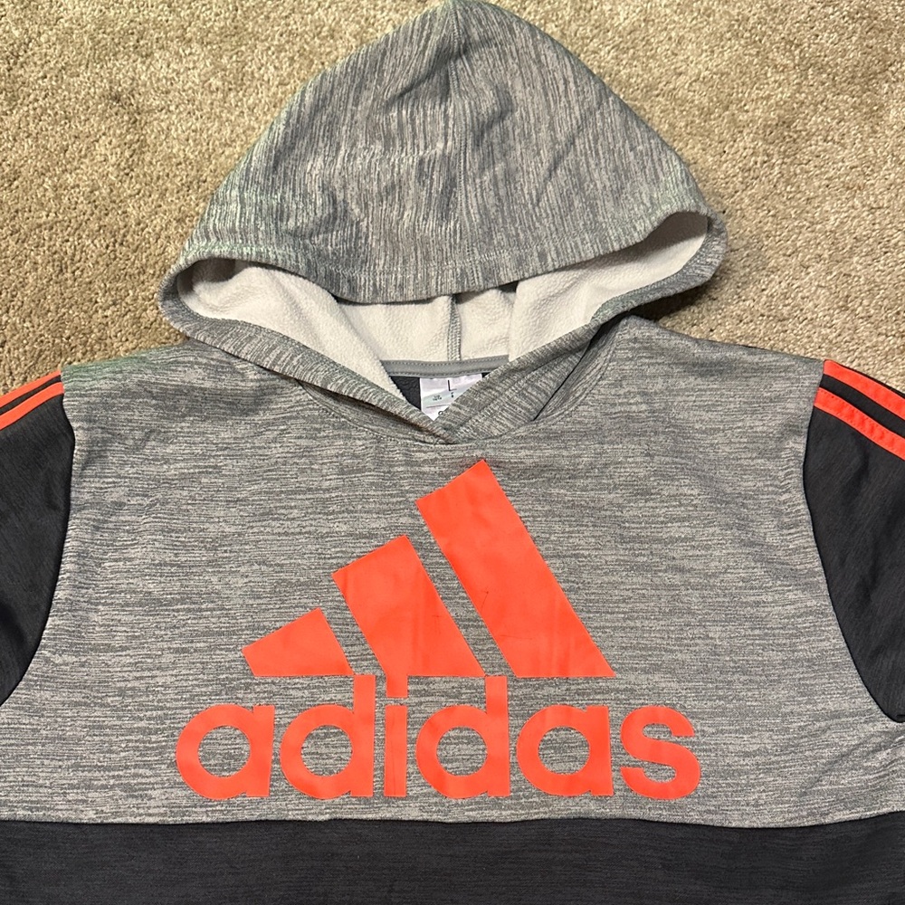 Adidas Boys Logo Hoodie Pullover Fleece Sweatshirt Gray Black Red Size L 14/16 - Picture 3 of 7